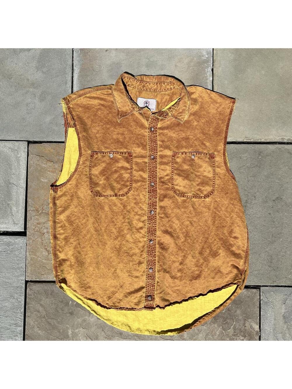 Vintage 90s Brown Yellow Cutoff Sleeve Silk/Linen Vest